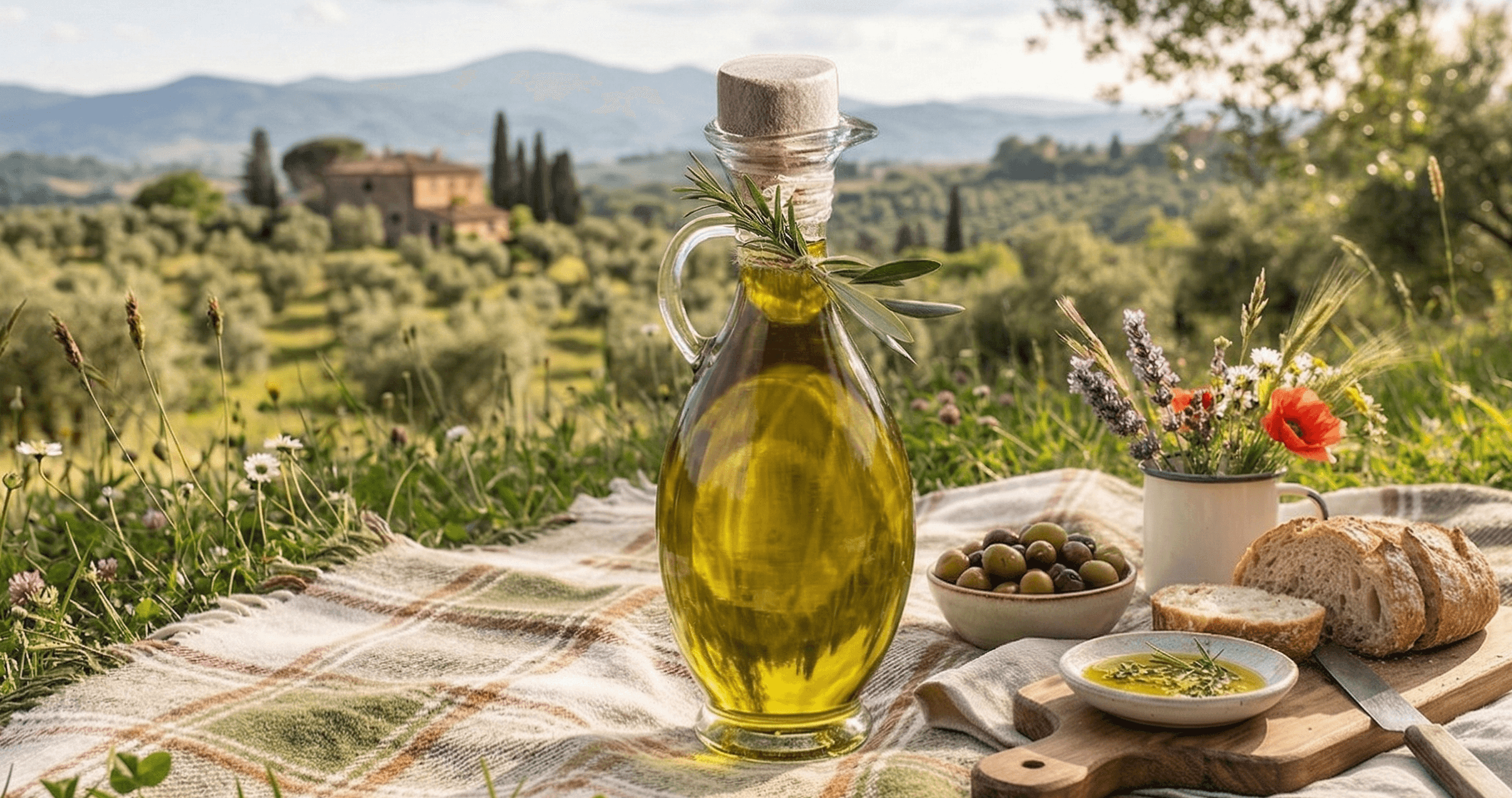Health benefits of olive oil and olives — extra virgin olive oil with bread and fresh olives