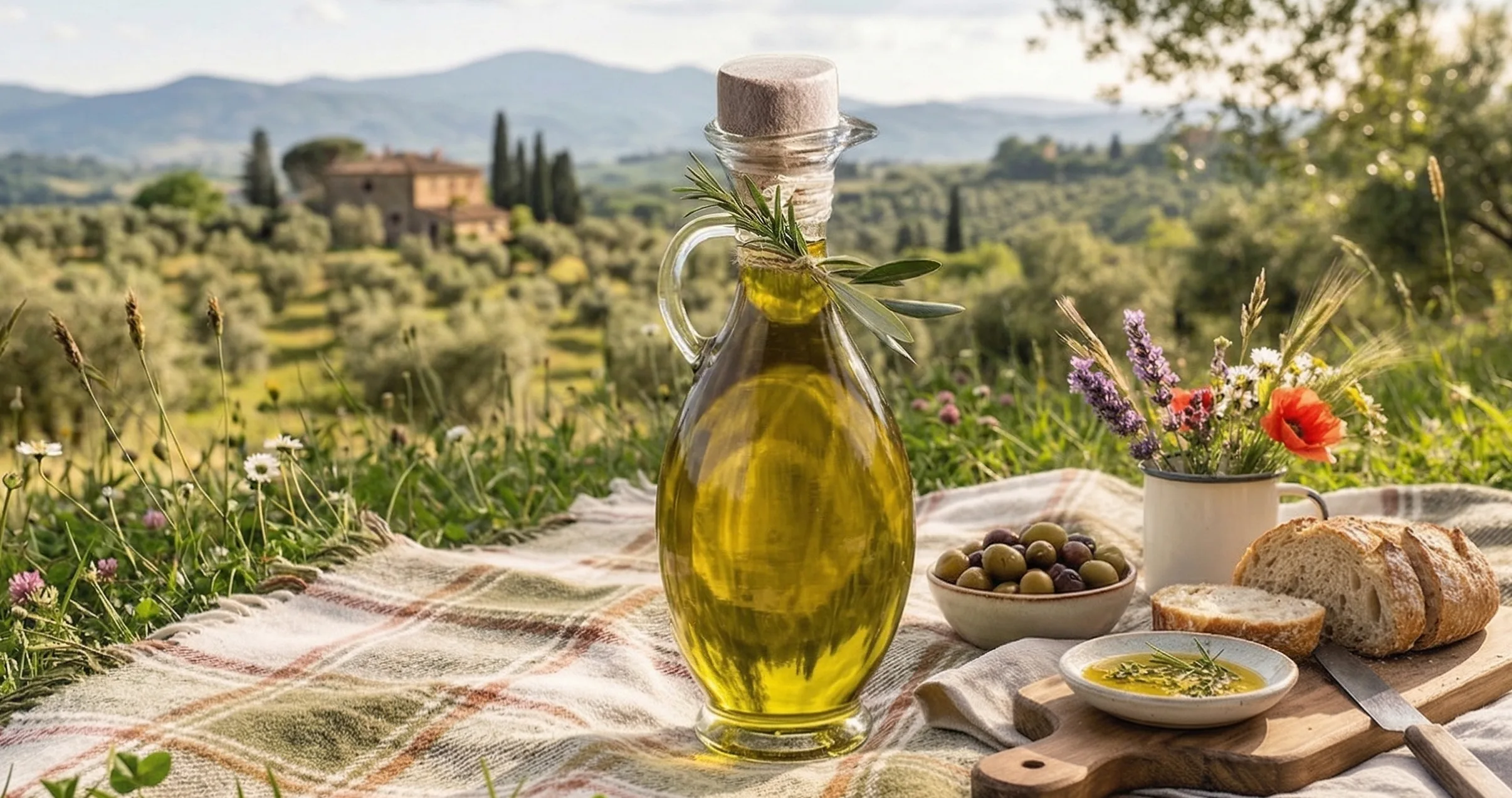 Health benefits of olive oil and olives — extra virgin olive oil with bread and fresh olives