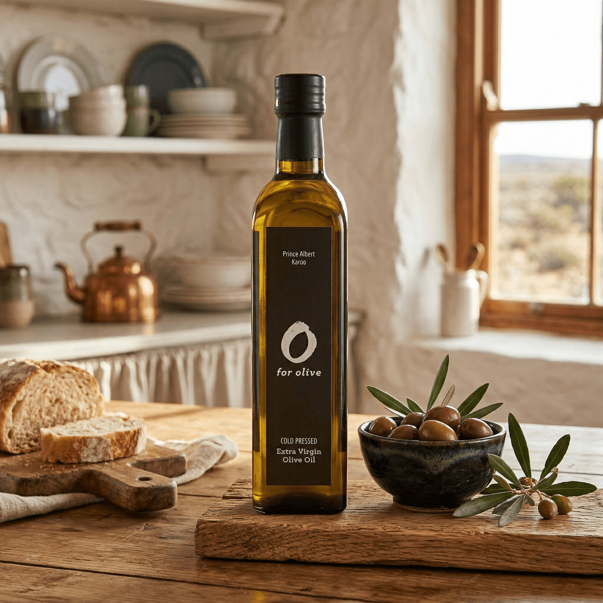 O for Olive cold pressed South African extra virgin olive oil from Prince Albert Karoo